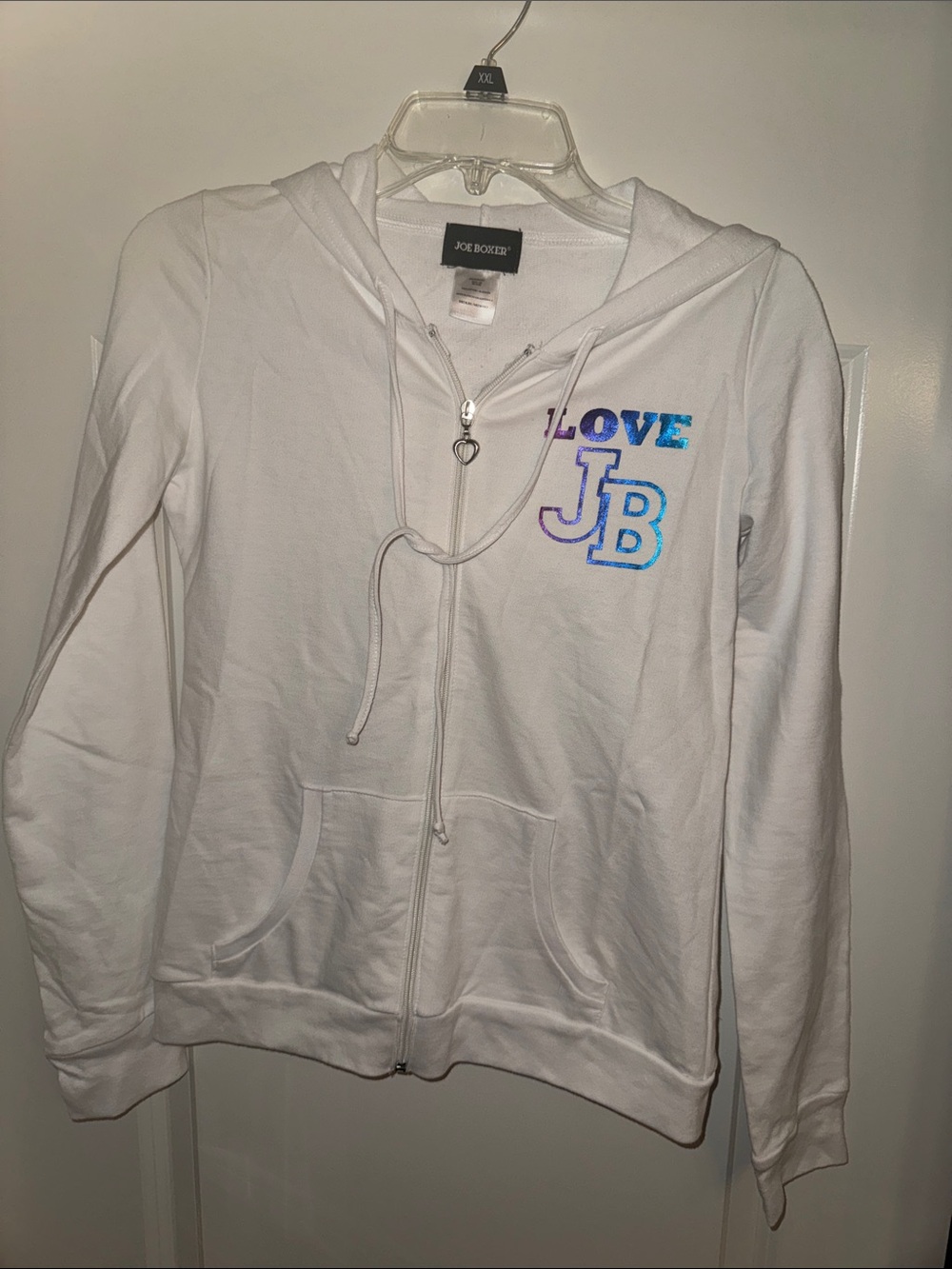 Joe Boxer White Hoodie with Blue Iridescent 'LOVE JB'
